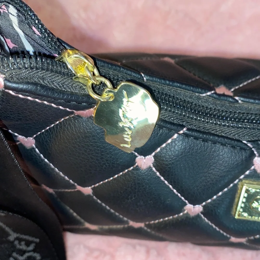 Betsy Johnson Black Quilted Adjustable Crossbody with Pink Hearts